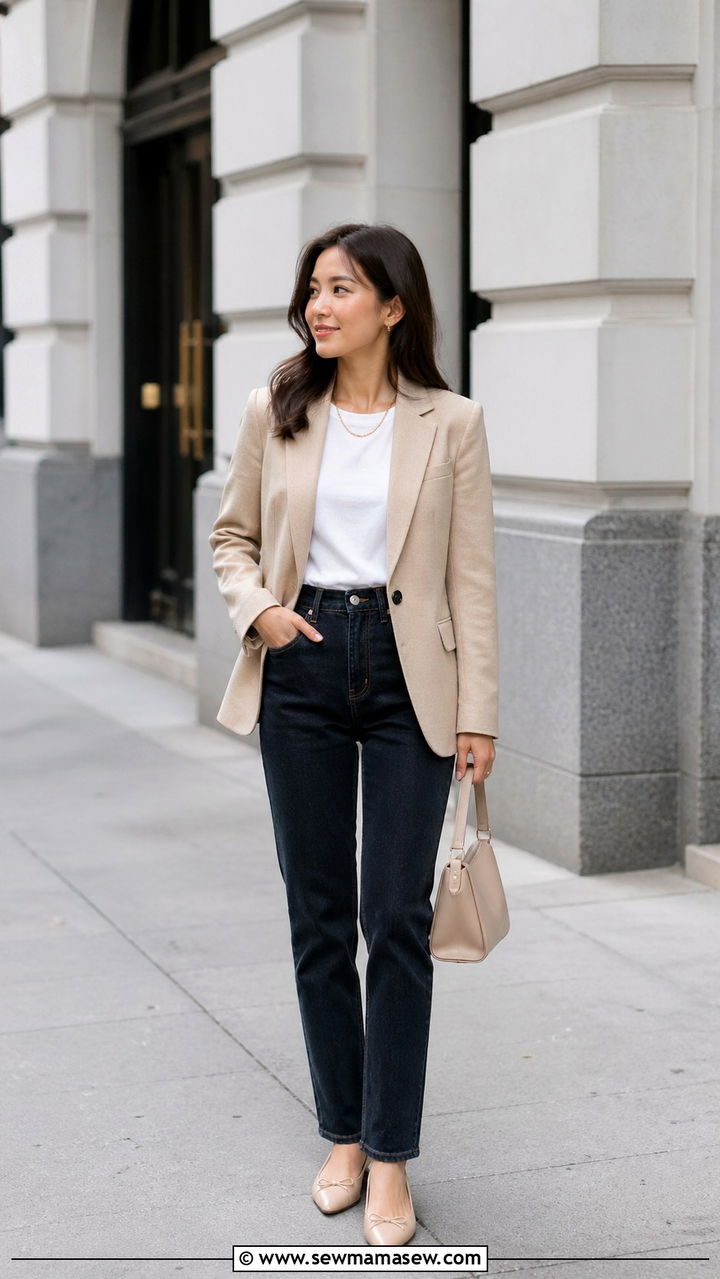 Beige Blazer With White Tee And Jeans Outfit Petite - 30 Spring capsule wardrobe for petite women