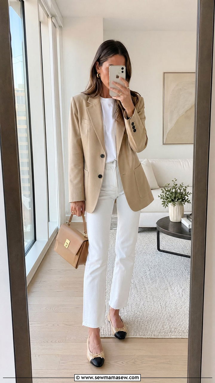 Beige Blazer With White Tee And White Jeans - 35 spring parisian outfit ideas