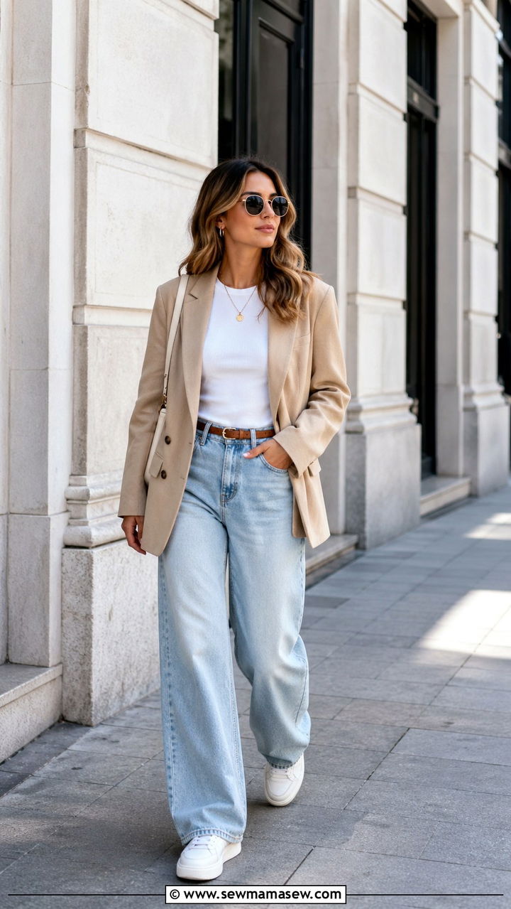 Beige Blazer With White Tee And Wide Leg Jeans - 30 Spring clean girl outfits 2026