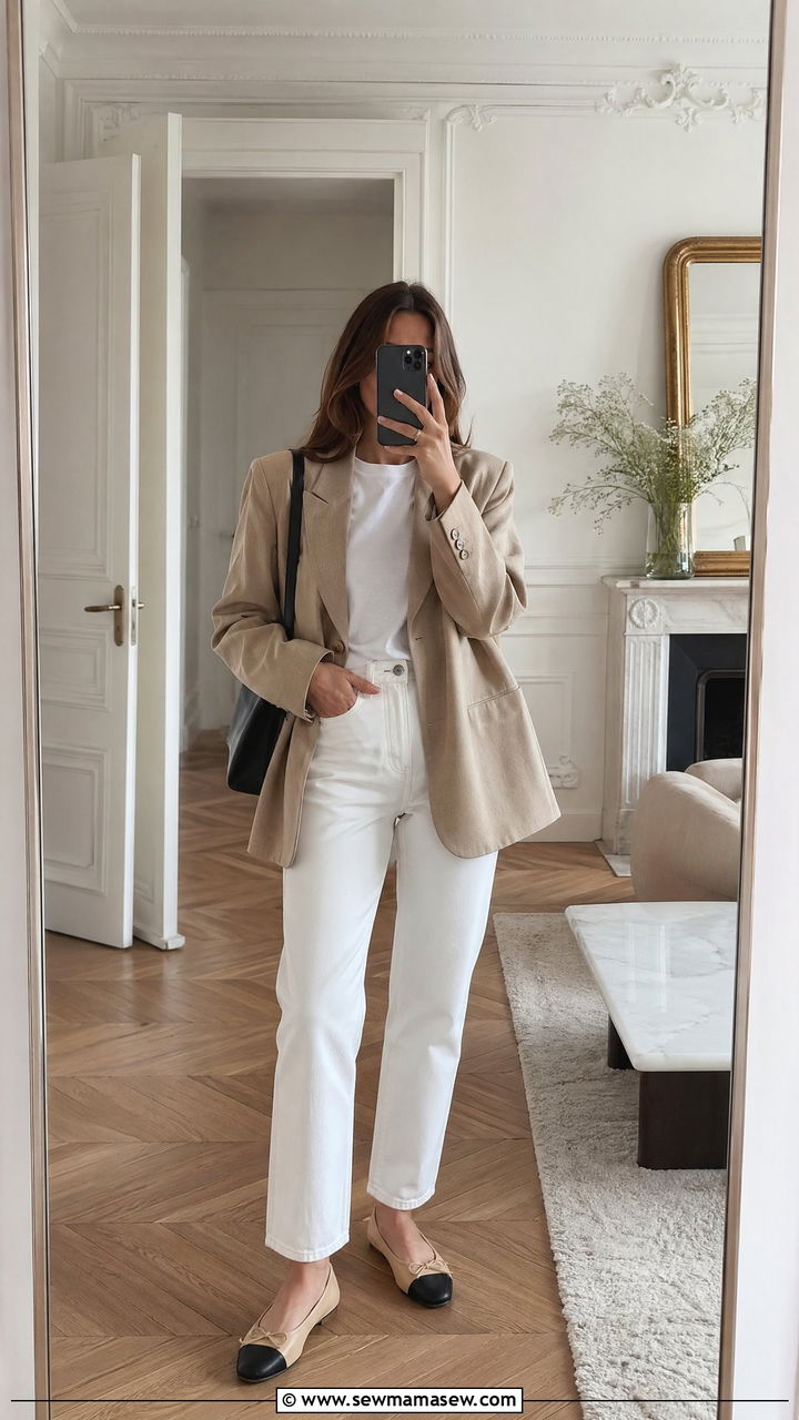 Beige Blazer With White Tee and White Jeans - 35 spring french girl outfit ideas