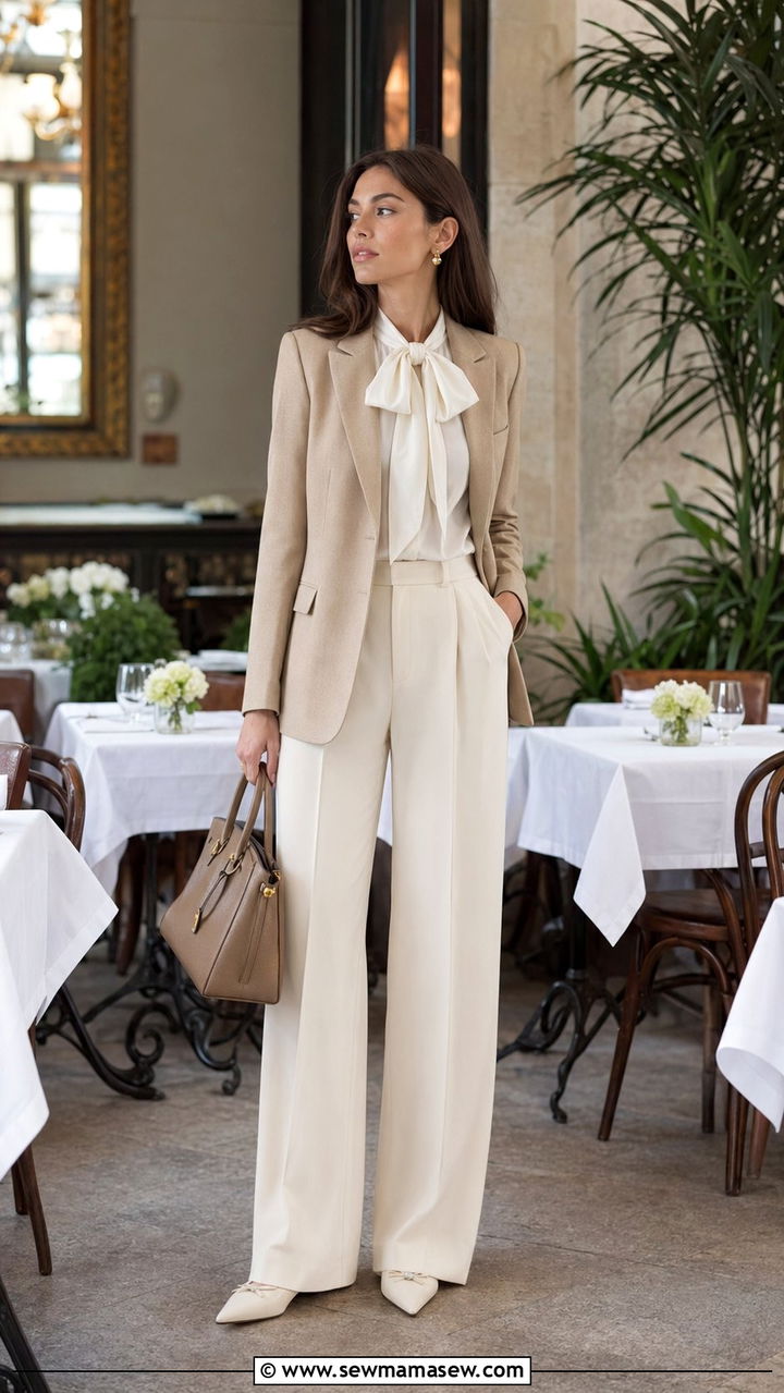 Beige Blazer and Pussy Bow Blouse Brunch Look - 35 Old money outfit ideas for brunch