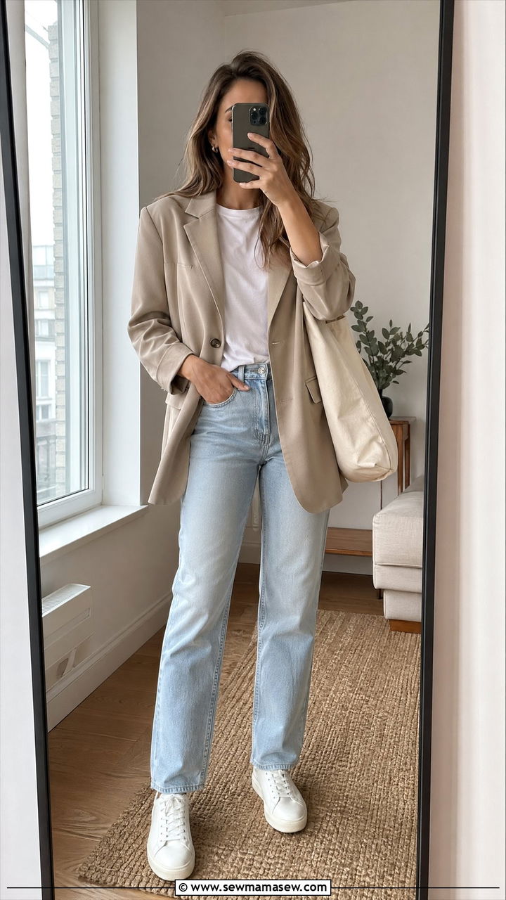 Beige Blazer with Light Wash Jeans Outfit - 35 spring outfit ideas casual