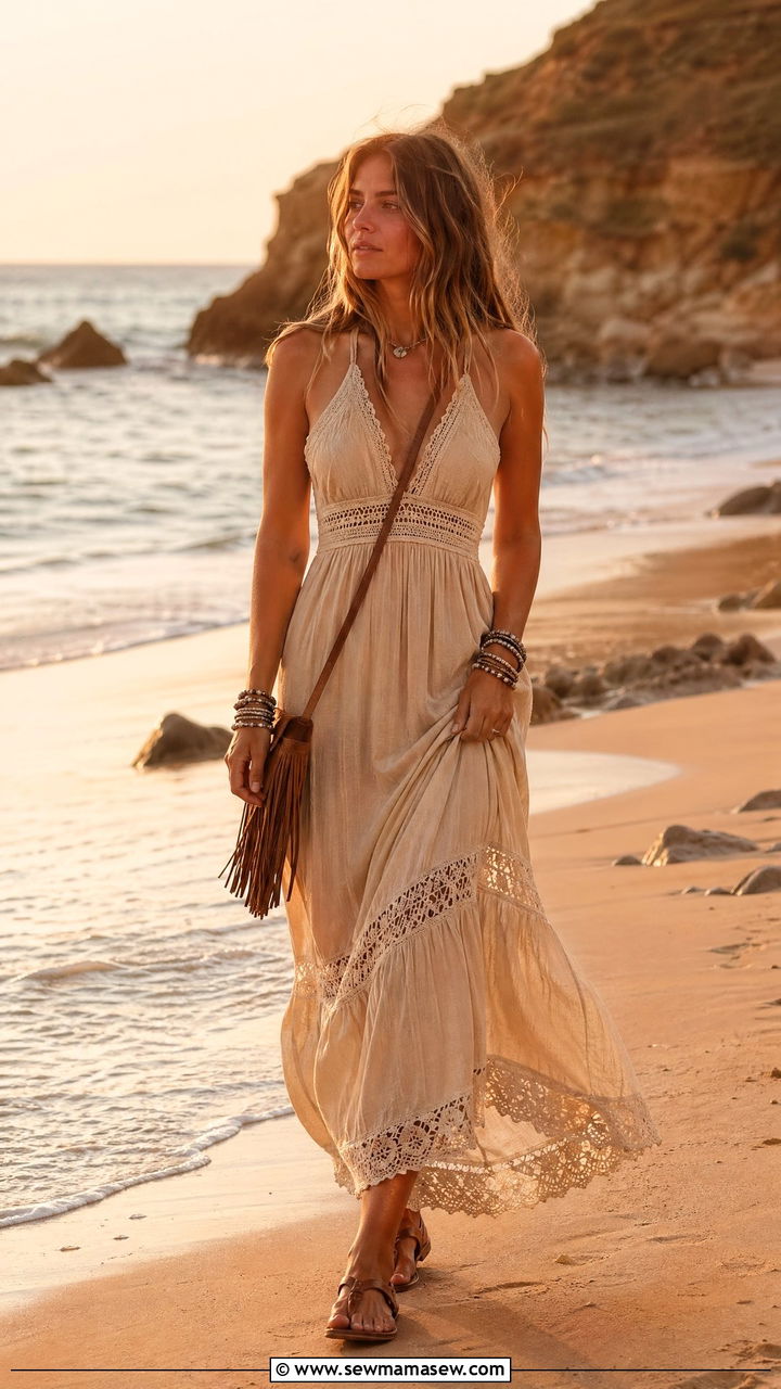 Beige Boho Maxi Dress with Crochet Details - 35 summer beige outfit ideas