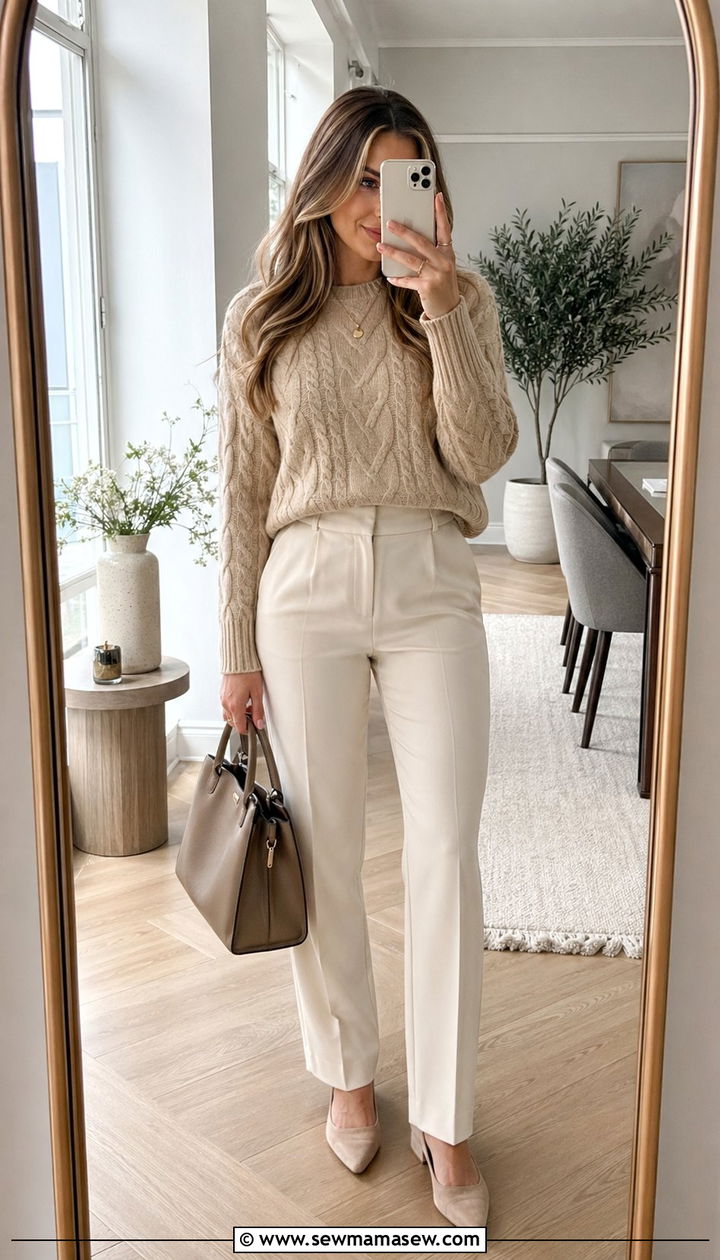 Beige Cable Knit and Cream Pants Outfit - 35 Old money outfits 2026