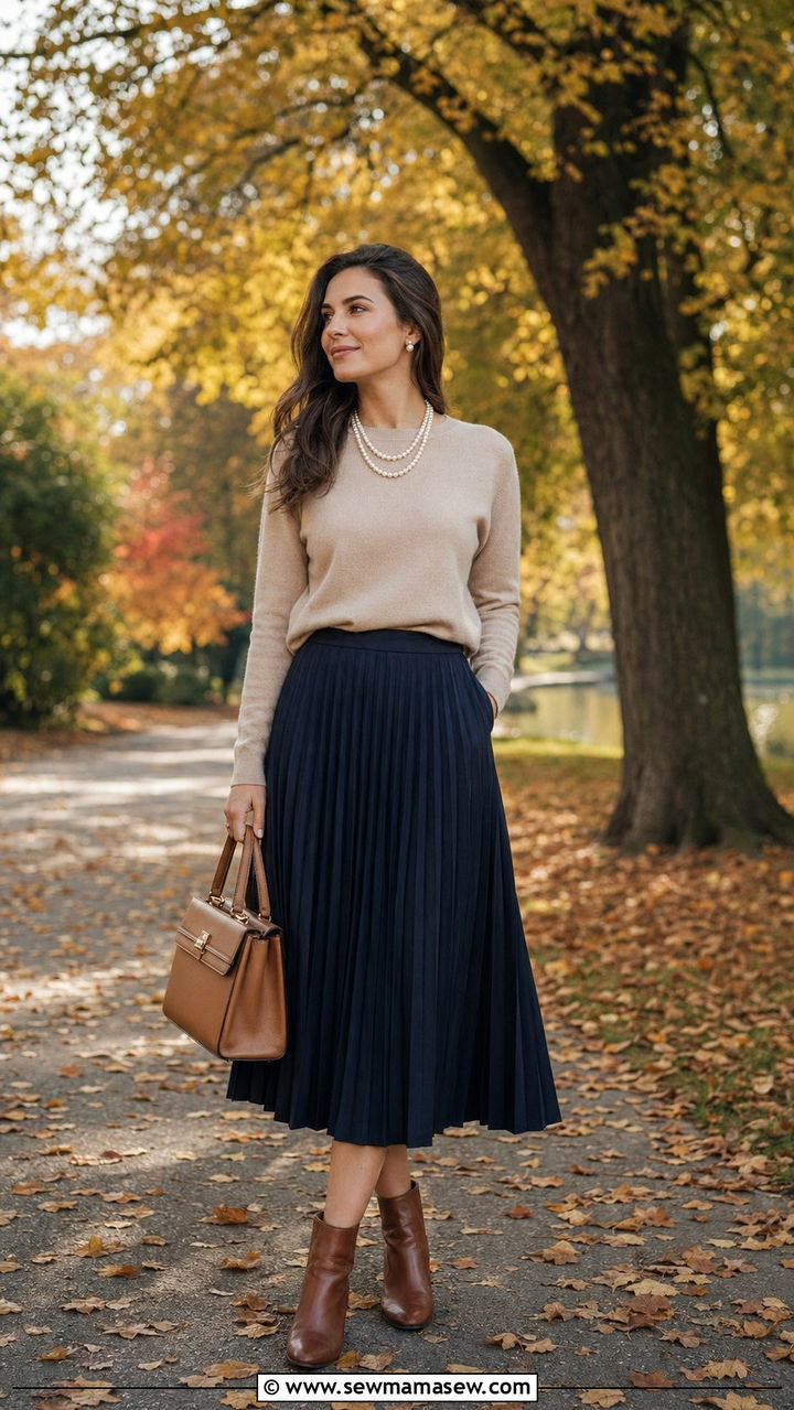 Beige Cashmere Sweater With Navy Pleated Midi Skirt - 35 Old money outfit ideas for women over 50