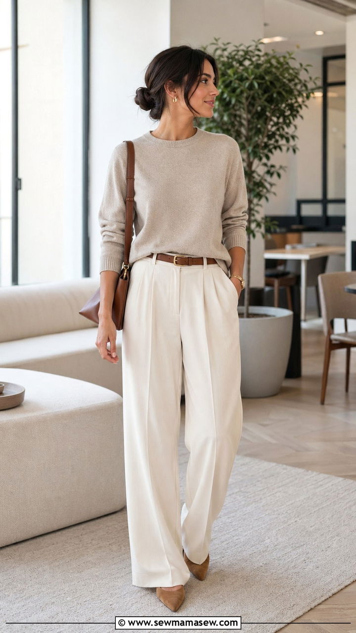 Beige Cashmere Sweater with Wide Leg Trousers - 35 Quiet luxury work outfits