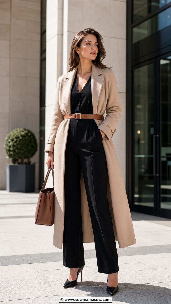 Beige Coat Over Black Jumpsuit and Leather Belt - 35 classy old money outfits