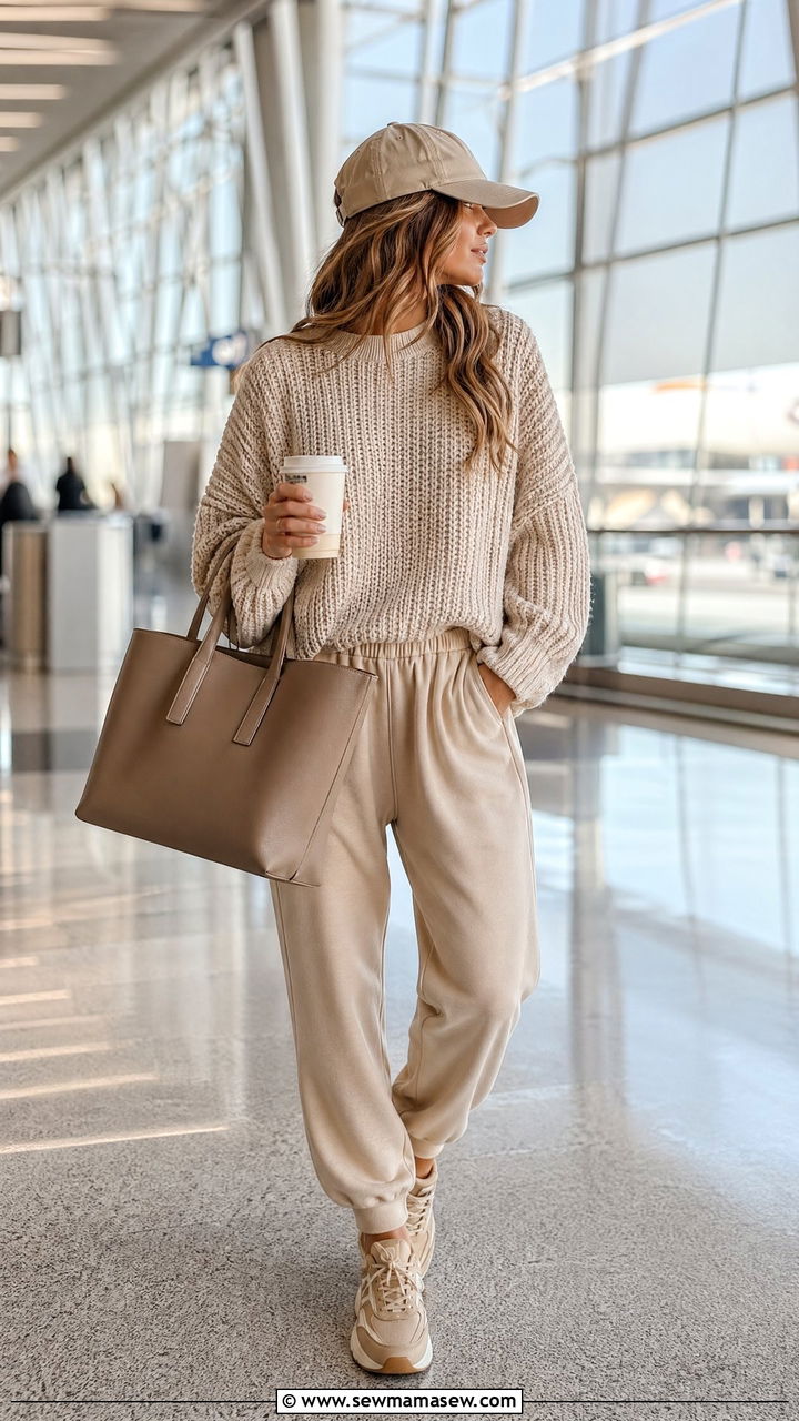 Beige Joggers and Chunky Knit Sweater Airport Outfit - 35 Sporty chic outfit ideas for airport