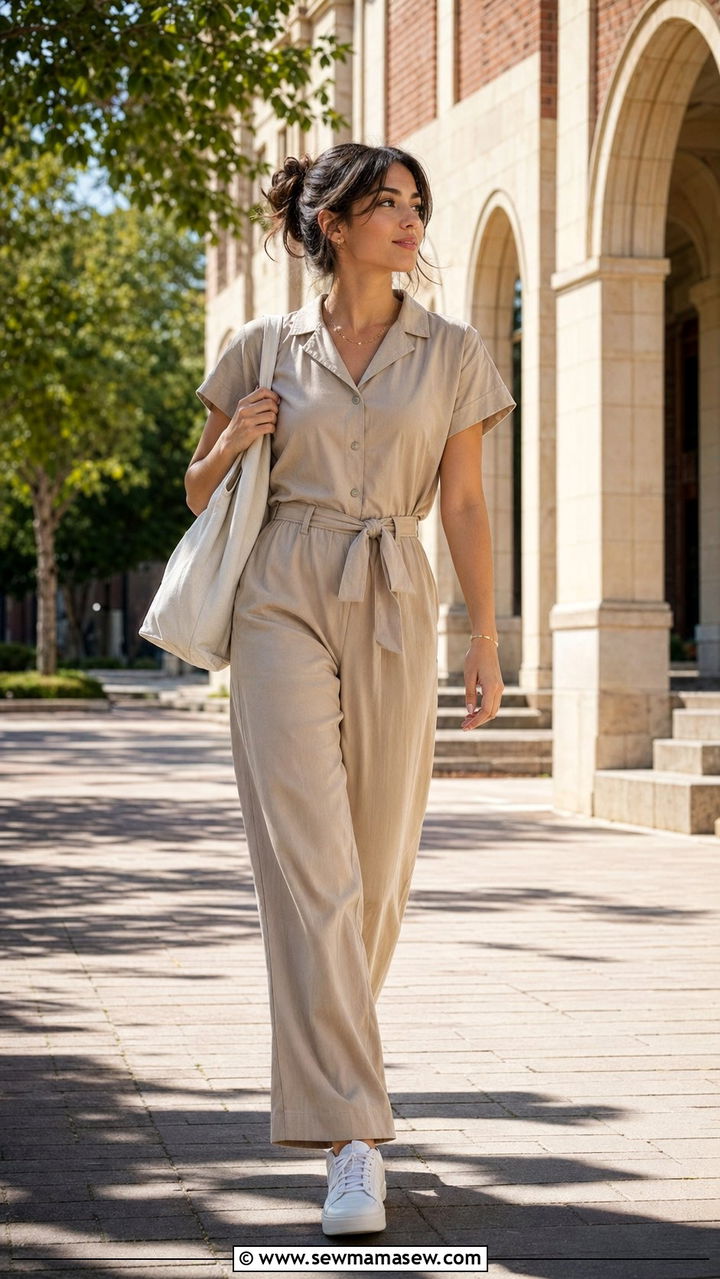 Beige Jumpsuit With White Sneakers School Look - 30 Back to school outfit ideas clean girl 2026