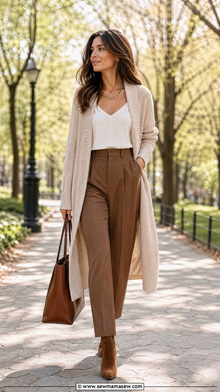 Beige Knit Cardigan with Brown Trousers - 35 cute business casual outfits