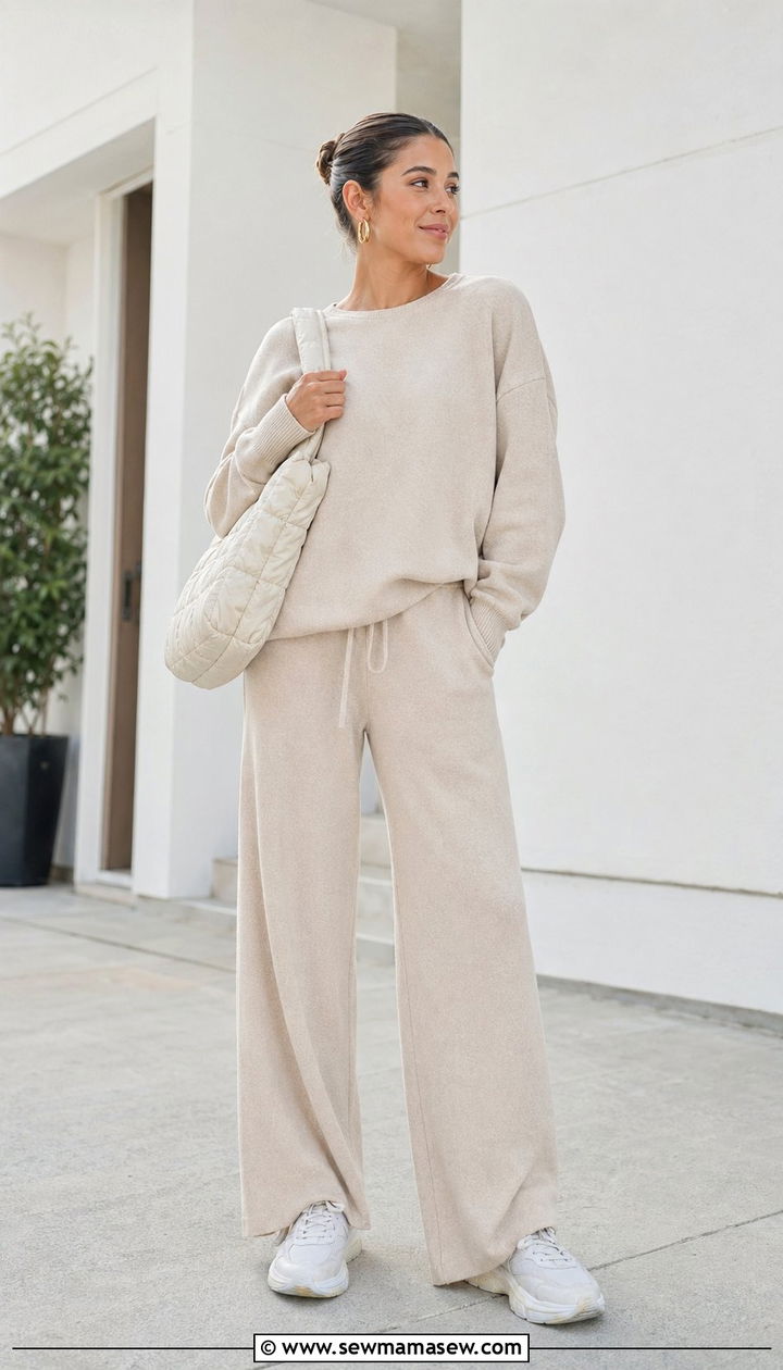 Beige Knit Lounge Set With Sneakers For School - 30 Back to school outfit ideas clean girl 2026