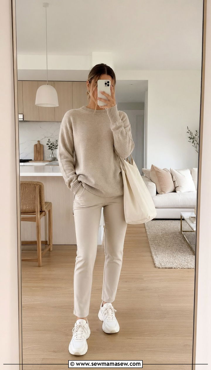 Beige Knit Set with White Sneakers - 30 Beige and white outfit ideas