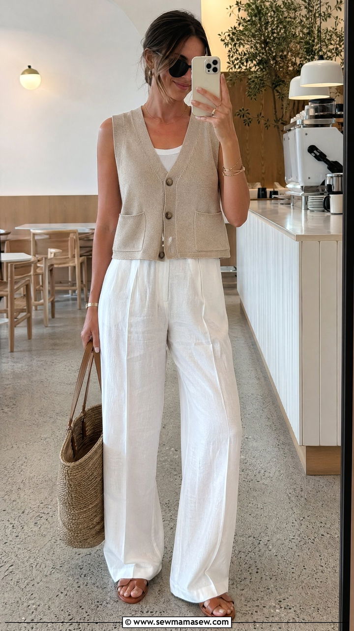 Beige Knit Vest With White Linen Trousers Outfit - 35 Classy summer outfits