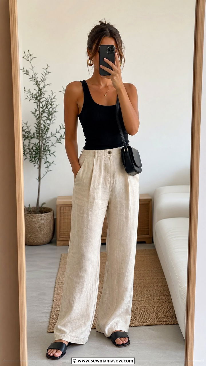 Beige Linen Pants With Black Tank Top - 35 cute linen pants outfits