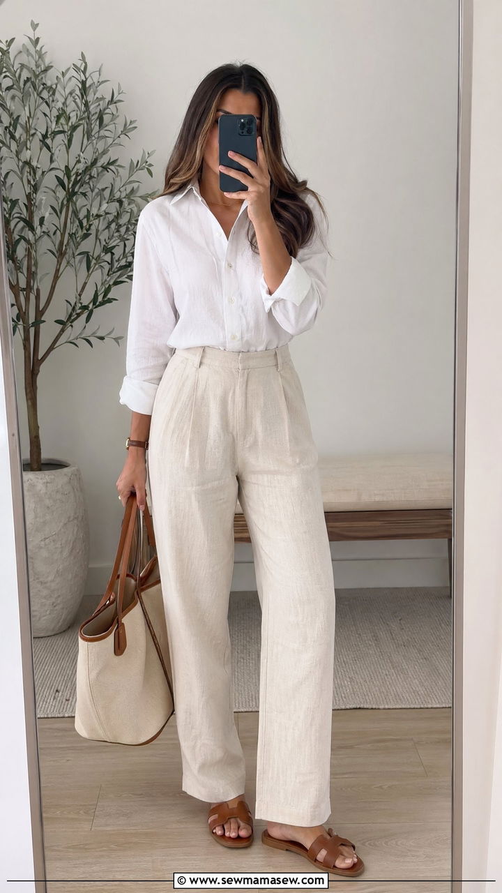 Beige Linen Pants With White Button Down Shirt - 35 cute linen pants outfits
