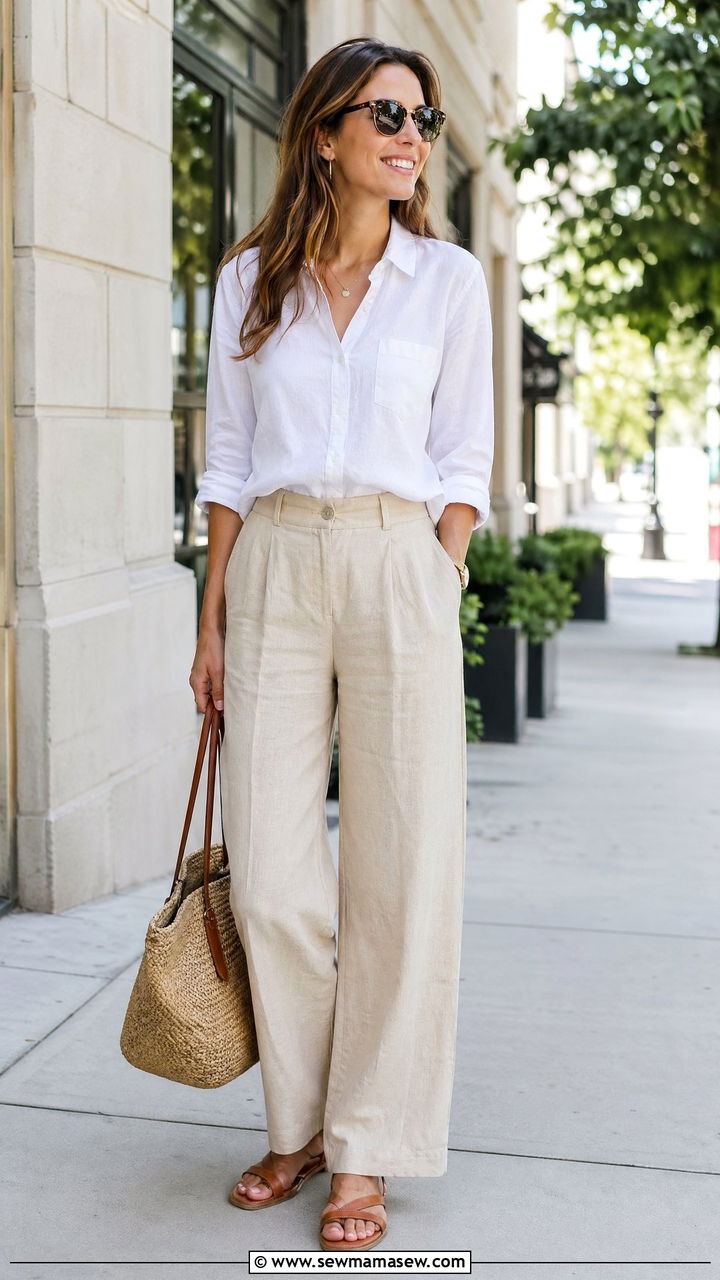 Beige Linen Pants With White Cotton Button Down And Raffia Tote - 35 summer work outfit ideas