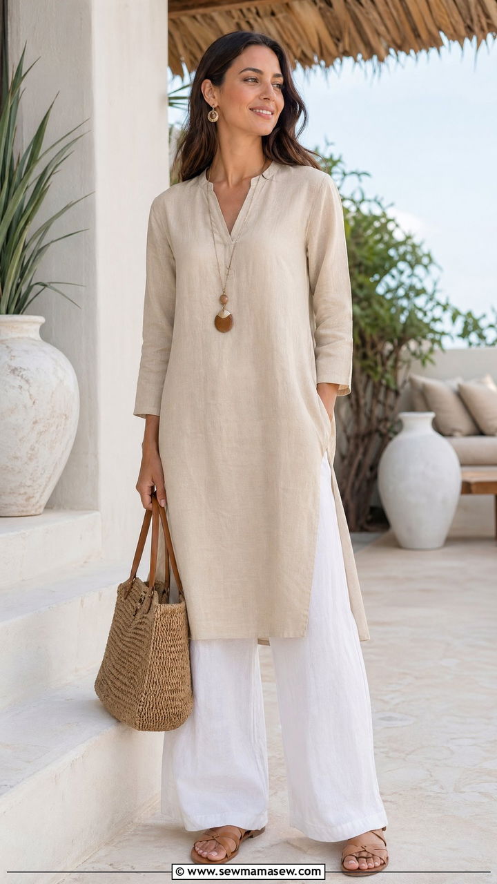 Beige Linen Tunic and White Linen Pants - 35 summer linen outfit ideas