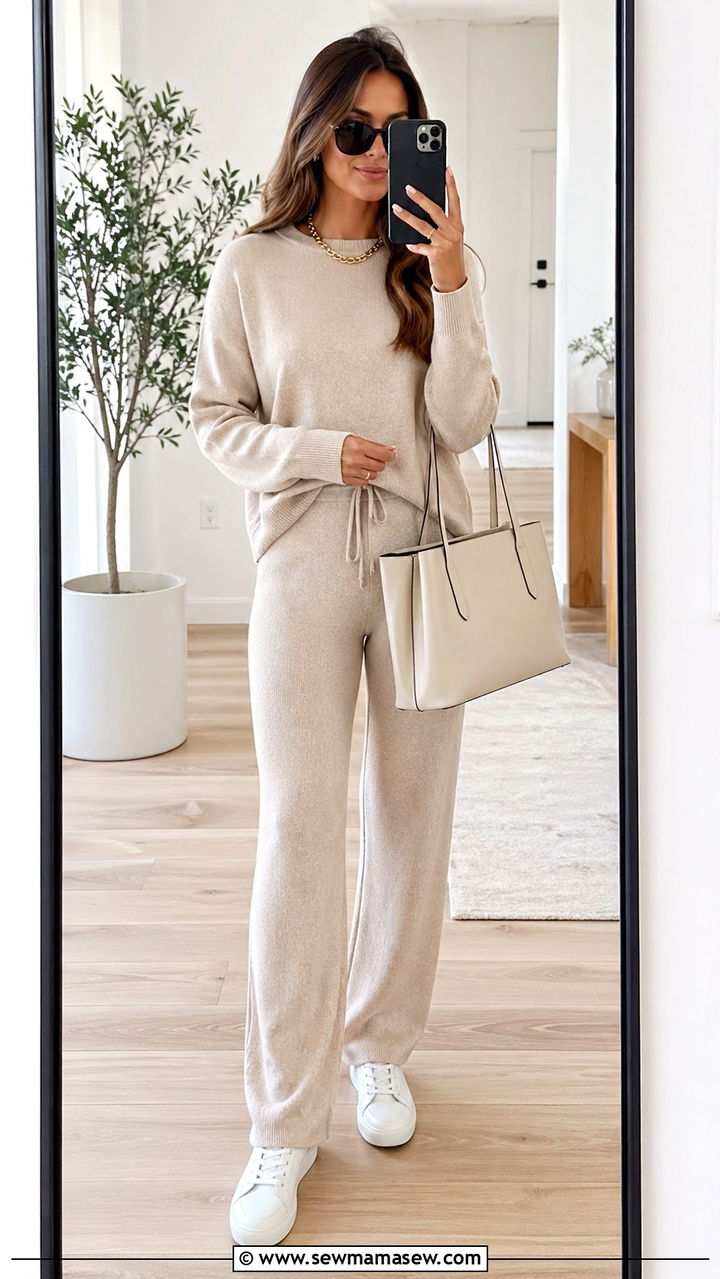 Beige Matching Knit Set With White Sneakers - 30 Spring capsule wardrobe minimalist