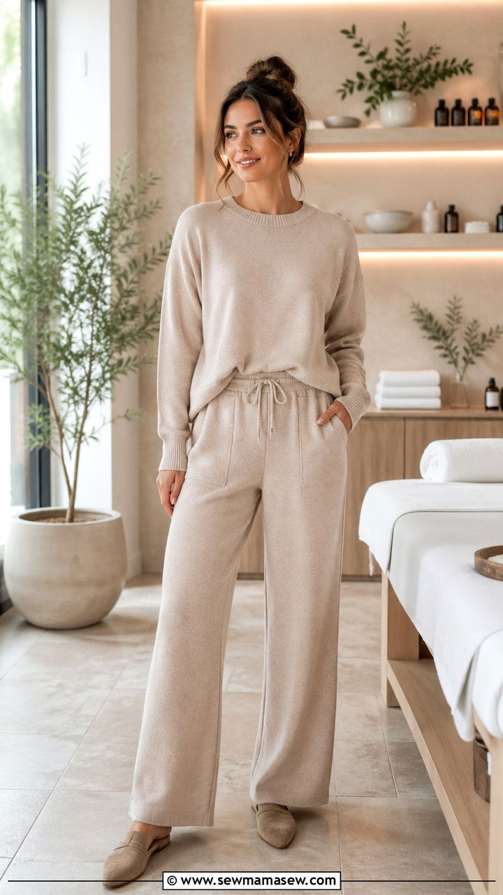 Beige Monochrome Knit Lounge Set for Spa Esthetician - 30 Spa esthetician outfit ideas