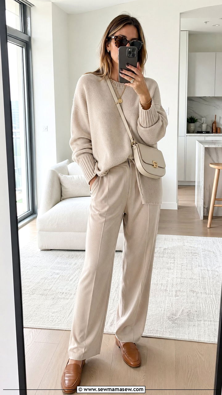 Beige Monochrome Knit Set with Loafers - 35 transitional quiet luxury outfit ideas