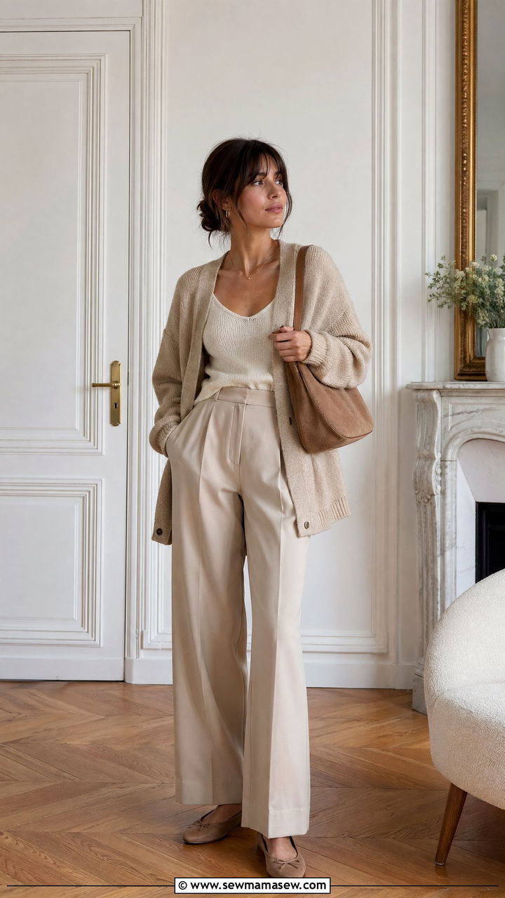 Beige Monochrome Layered Knits With Wide Leg Trousers - 35 spring french girl outfits