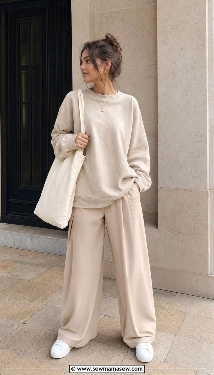 Beige Monochrome Sweatshirt And Wide Leg Pants School Look - 30 Back to school outfit ideas clean girl 2026