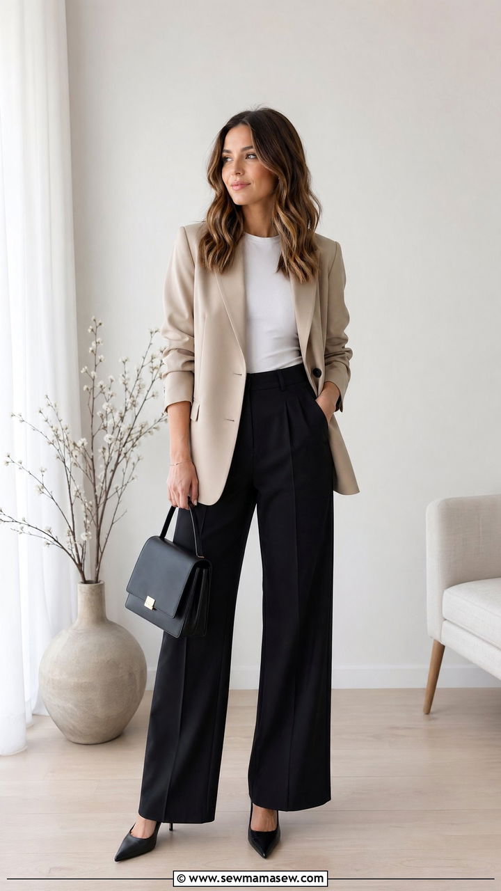 Beige Oversized Blazer With Black Wide Leg Trousers - 35 Spring job interview outfits