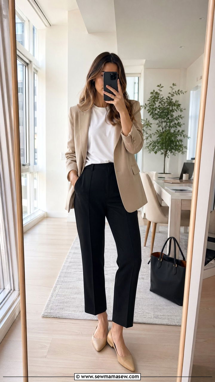 Beige Oversized Blazer with White Tee and Black Trousers - 35 cute office outfits