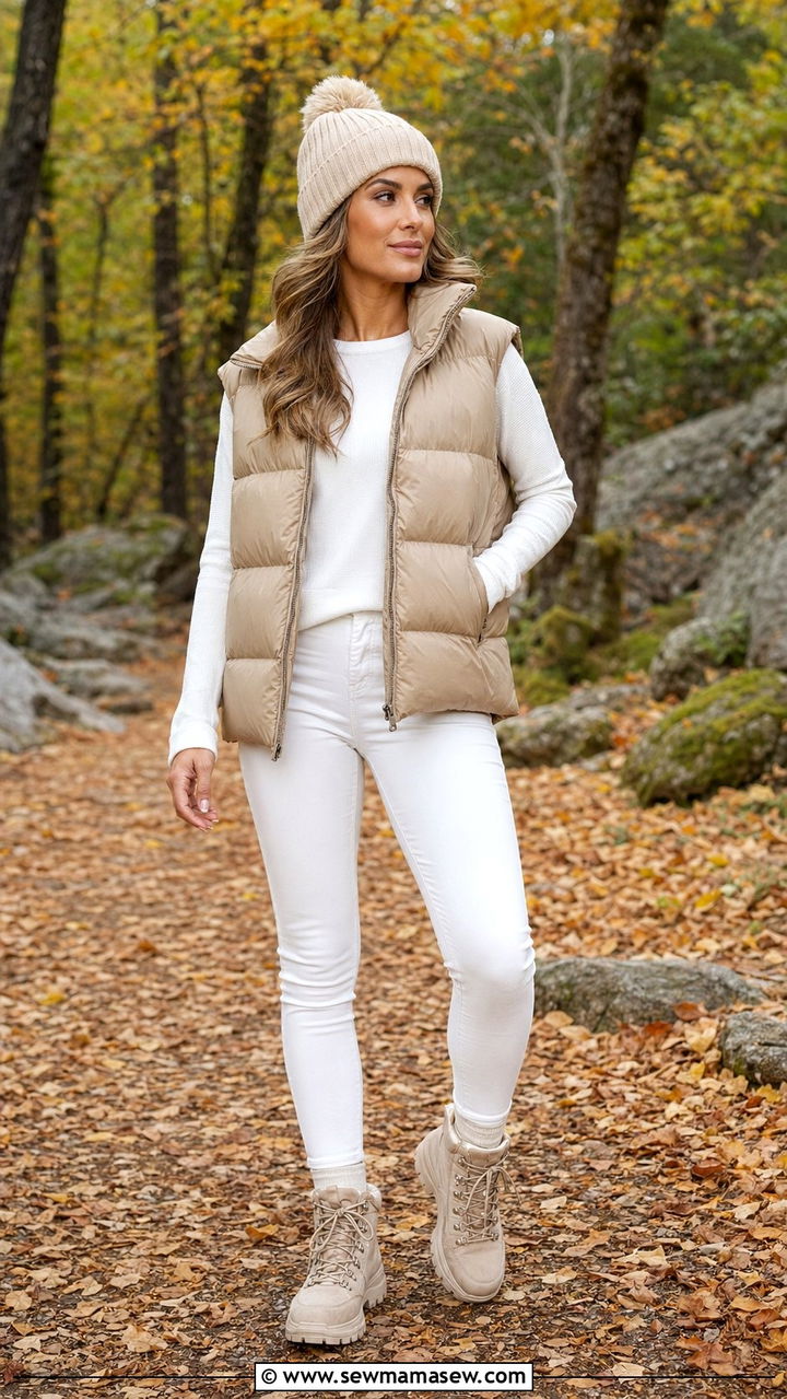 Beige Puffer Vest with White Jeans - 30 Beige and white outfit ideas