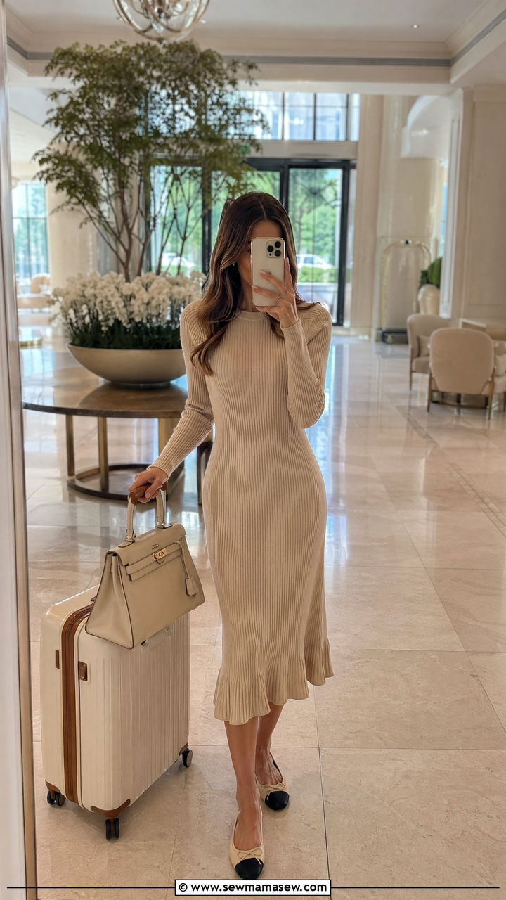 Beige Ribbed Knit Midi Dress - 35 Clean girl outfits 2026