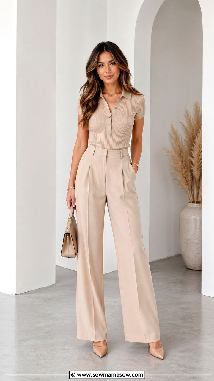 Beige Ribbed Polo With Matching Wide Leg Pants - 30 Spring clean girl outfits 2026