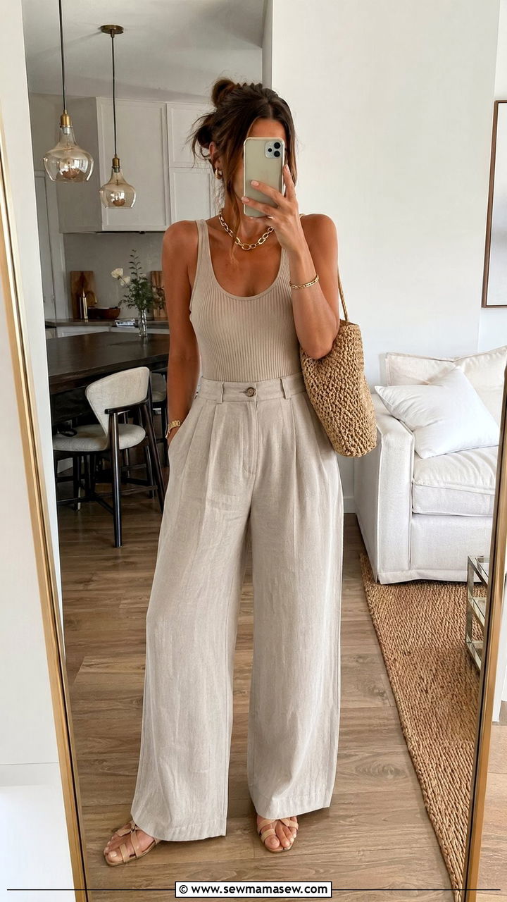 Beige Ribbed Tank Top with Wide Leg Linen Trousers - 35 summer beige outfit ideas