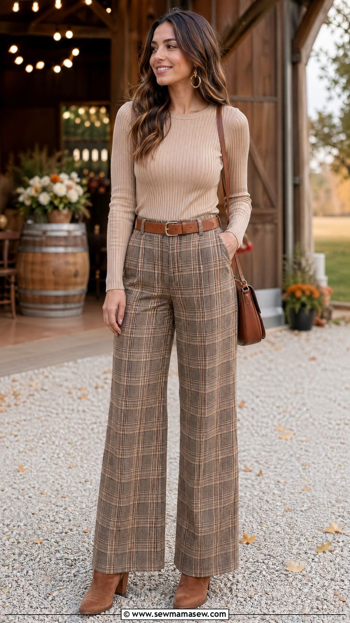 Beige Ribbed Top With Brown Plaid Wide Leg Pants - 35 wedding guest outfit ideas for women