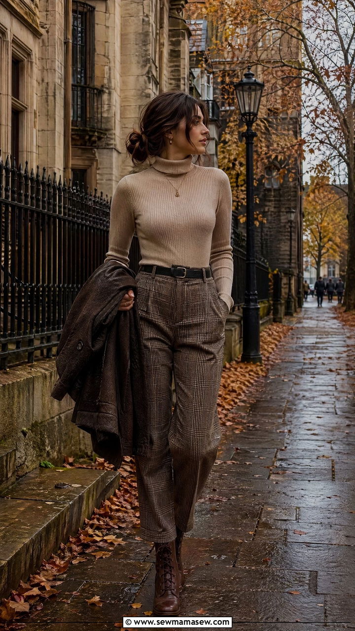 Beige Ribbed Turtleneck and Plaid Trousers with Lace Up Boots - 35 dark academia outfits