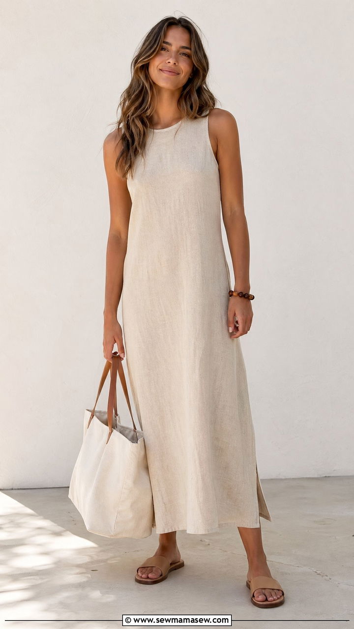 Beige Sleeveless Linen Dress with Slide Sandals - 35 summer beige outfit ideas