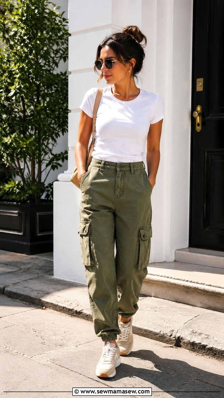 Beige Sneakers with Olive Cargo Pants and White Tee - 30 sneaker outfits ideas