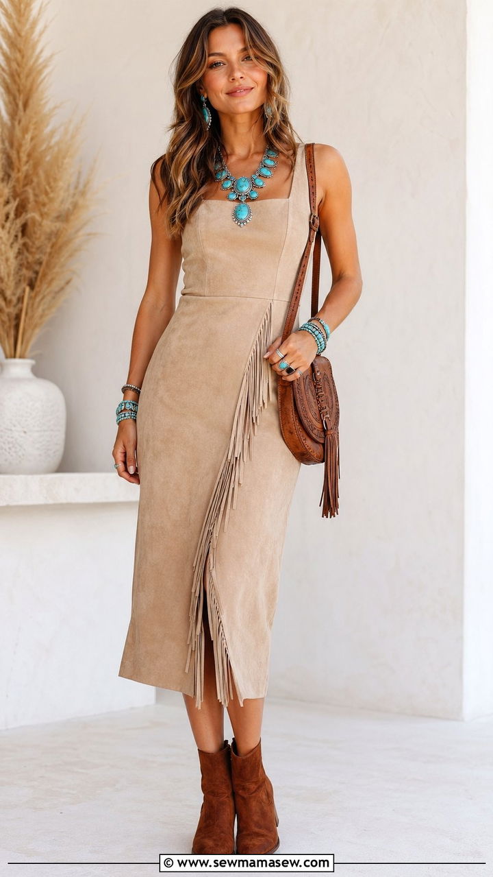 Beige Suede Midi Dress With Turquoise Jewelry Western Wedding - 30 Western outfit ideas for wedding
