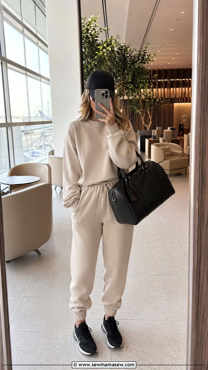 Beige Sweatshirt and Jogger Set with Baseball Cap - 35 Sporty chic outfit ideas for airport