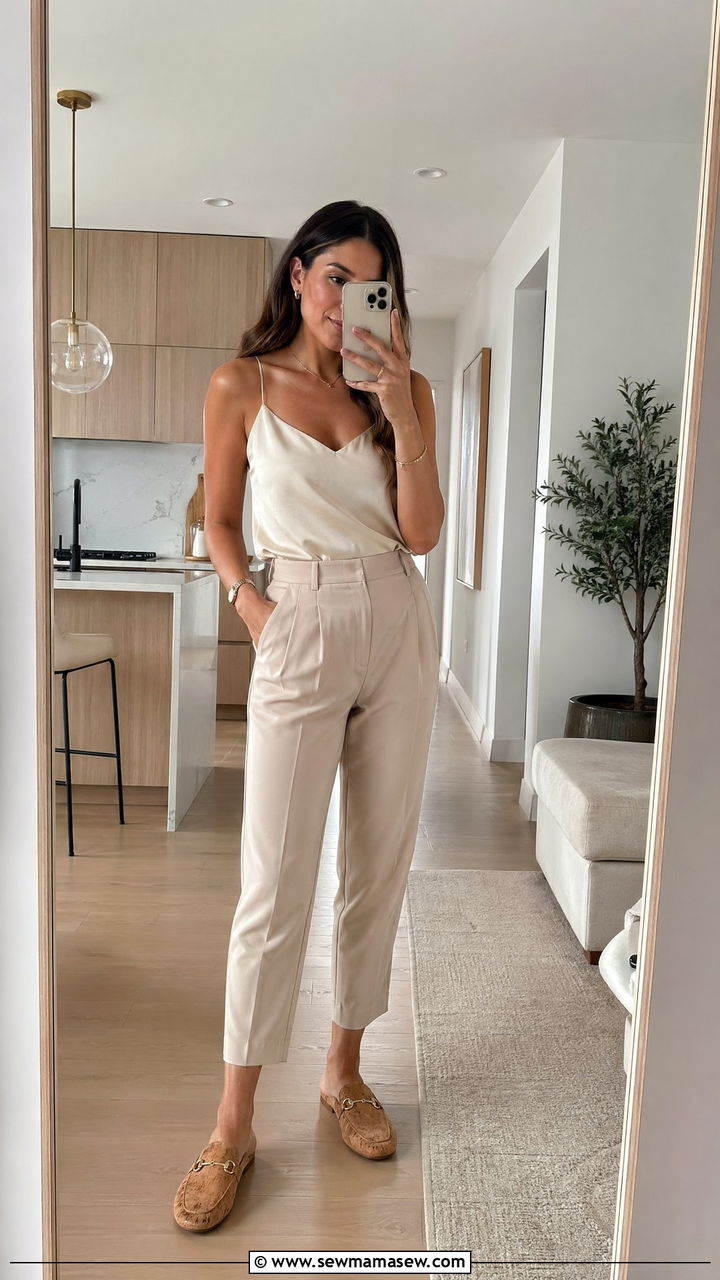 Beige Tailored Trousers With A Silk Cami And Cork Loafer Mules - 35 Cork outfit ideas
