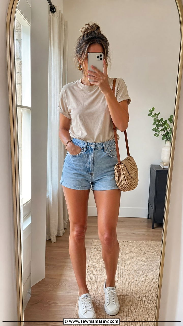 Beige Tee With High Waisted Denim Shorts - 35 summer capsule wardrobe outfit ideas