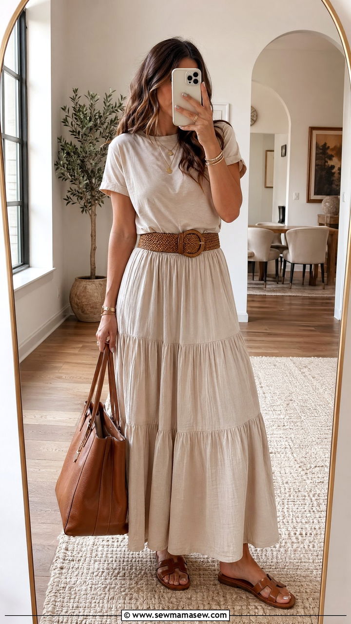 Beige Tiered Maxi Skirt With Woven Belt And Tee Spring Boho - 35 spring boho outfit ideas