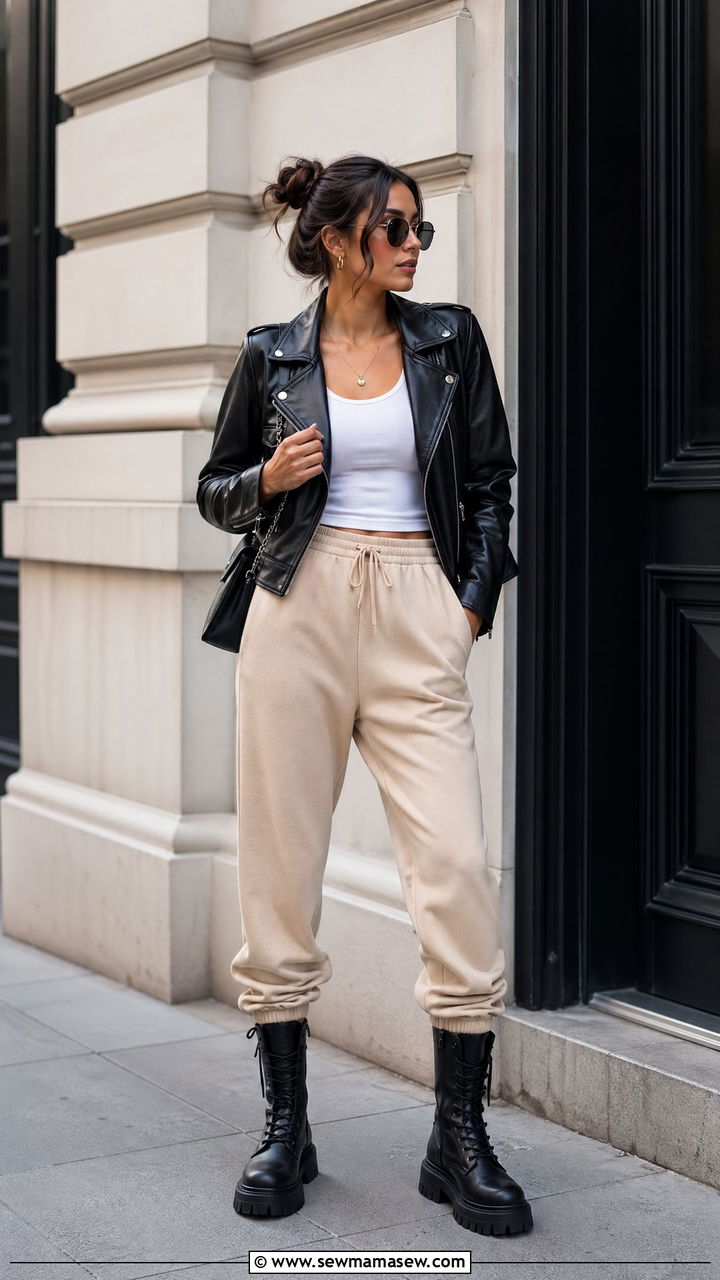 Beige Track Pants With Leather Jacket - 35 track pants outfit ideas