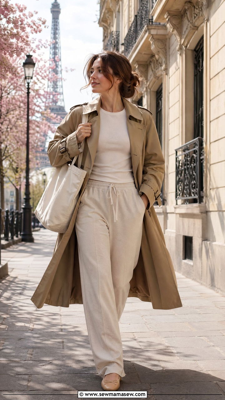 Beige Track Pants With Trench Coat And Ballet Flats - 35 track pants outfit ideas