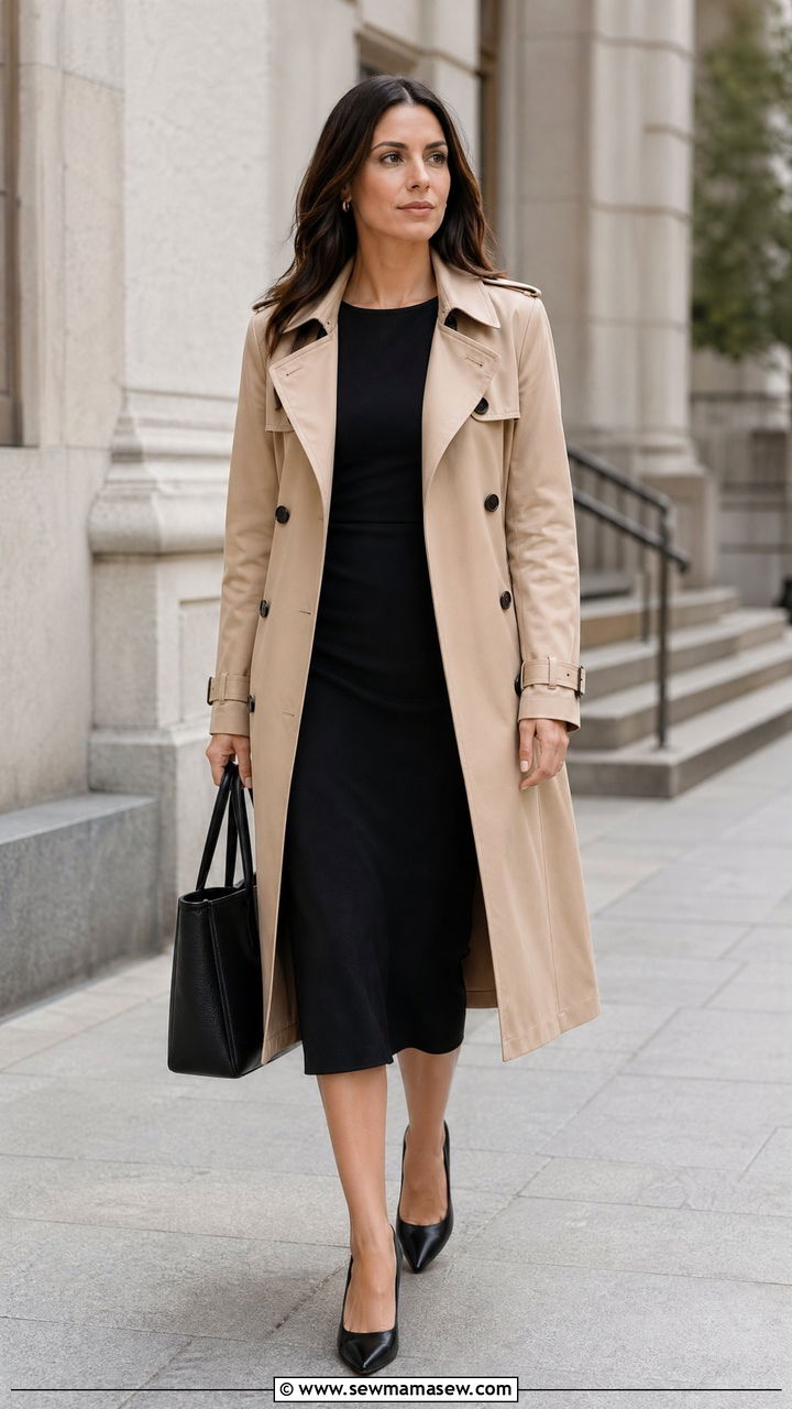 Beige Trench Coat Over Dress Court Outfit - 35 Court appearance outfit ideas