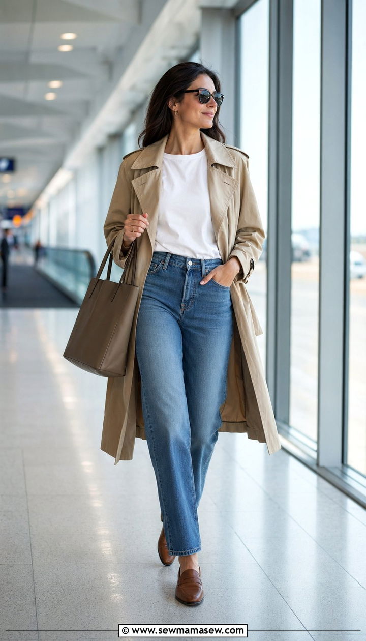 Beige Trench Coat With Blue Jeans And Loafers - 30 airport outfits Pinterest