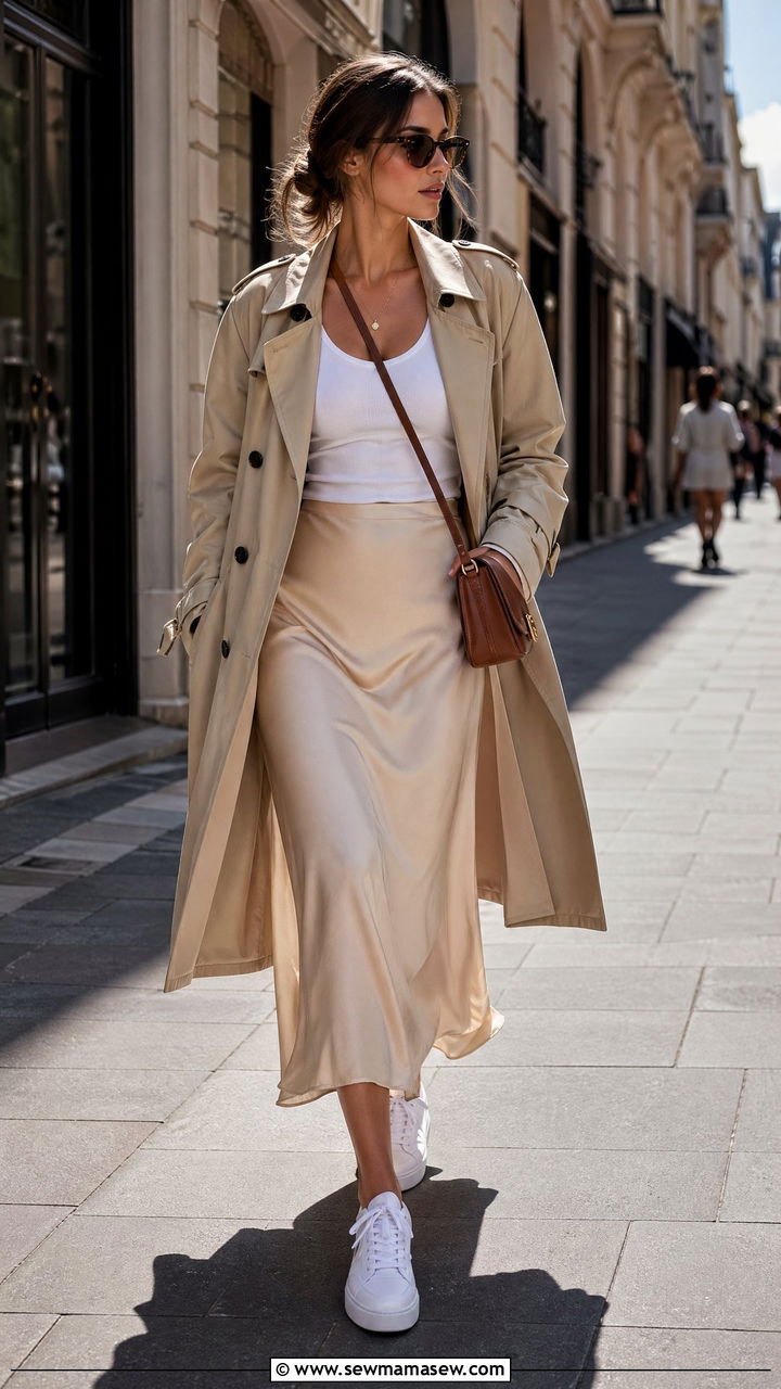 Beige Trench Coat With Slip Skirt And Sneakers - 35 Classy spring outfit ideas 2026