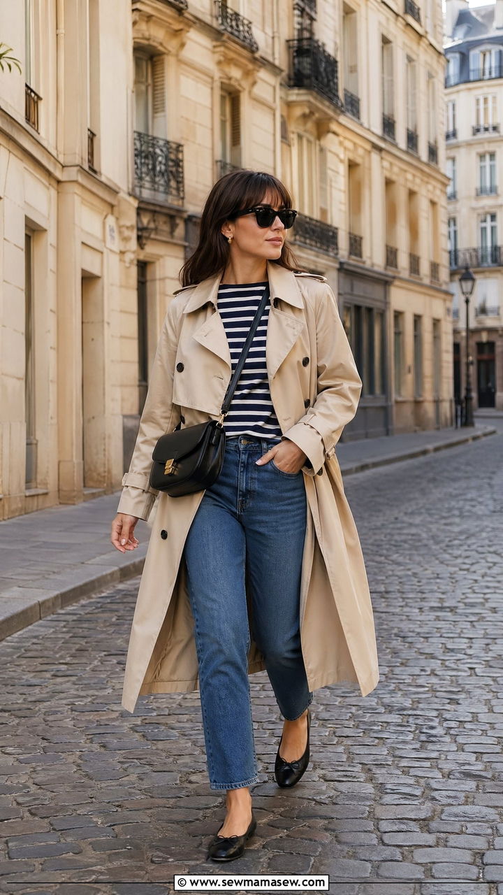 Beige Trench Coat With Striped Top And Straight Leg Jeans - 35 spring parisian outfits