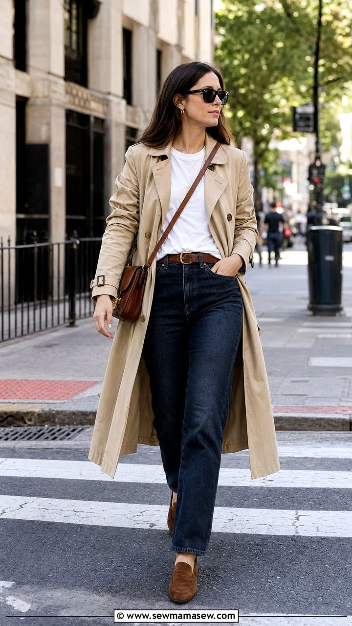Beige Trench Coat over Straight Leg Jeans - 30 Workwear capsule wardrobe