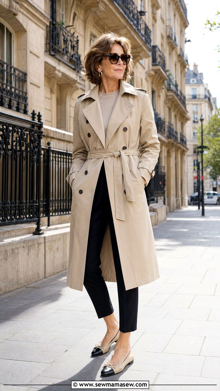 Beige Trench Coat with Cashmere Sweater and Cropped Pants - 35 Parisian outfits for women over 50