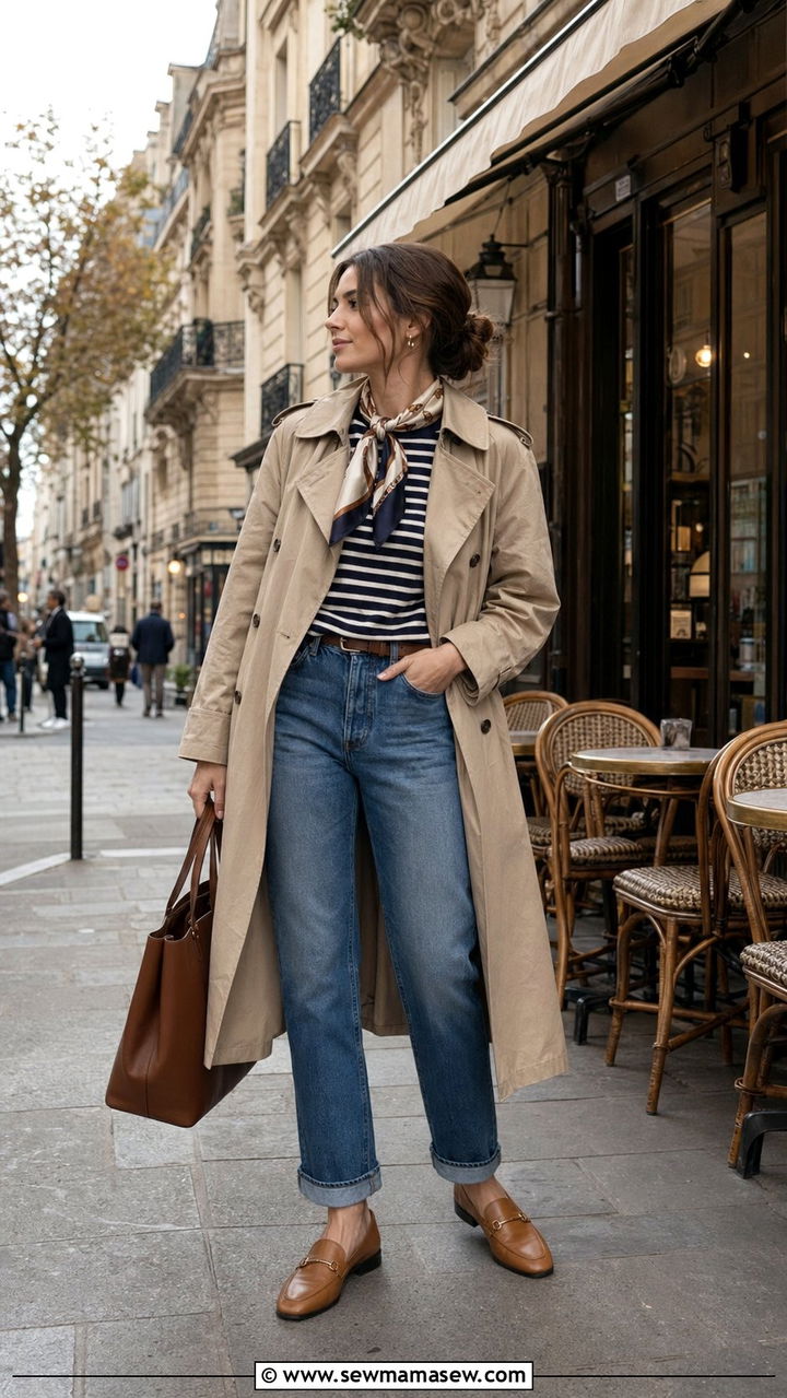Beige Trench Coat with Straight Leg Jeans and a Stripe Top - 35 Old money brunch outfit ideas